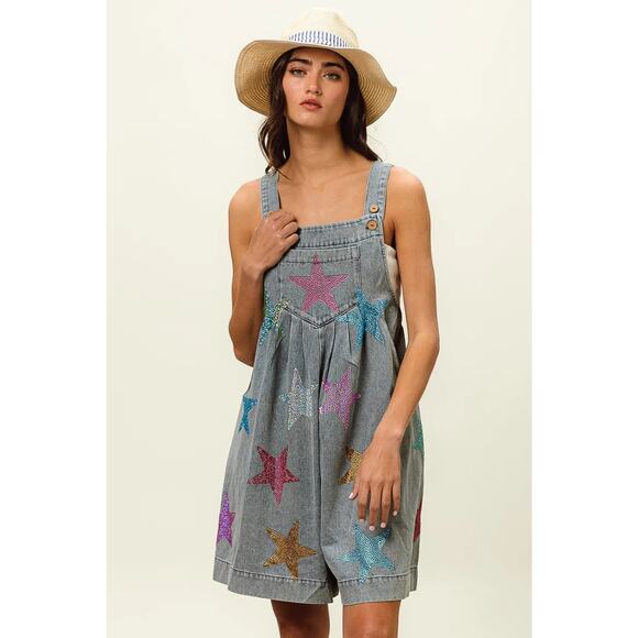 BiBi Star Pattern Rhinestone Washed Side Pockets Wide Leg Shortalls | Lt Denim - Picture 4 of 12
